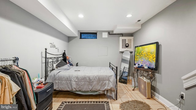 bedroom featuring visible vents, baseboards, recessed lighting, and light tile patterned floors