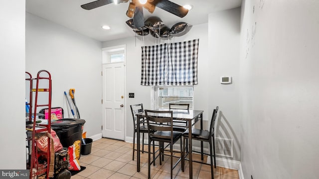 dining area featuring recessed lighting, baseboards, ceiling fan, and light tile patterned floors