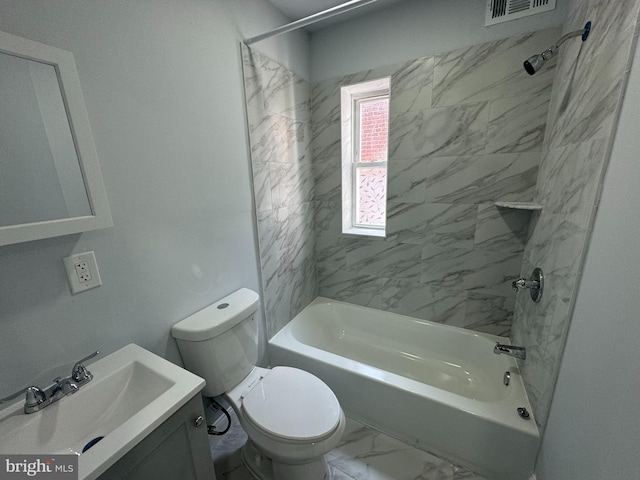 full bathroom featuring vanity, tub / shower combination, marble finish floor, toilet, and visible vents