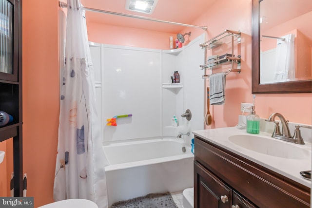 bathroom with shower / bath combo with shower curtain, toilet, visible vents, and vanity