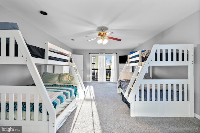 bedroom featuring carpet floors, access to outside, baseboards, and ceiling fan