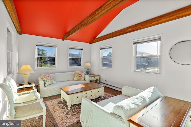 living room featuring a healthy amount of sunlight, lofted ceiling with beams, and a baseboard heating unit