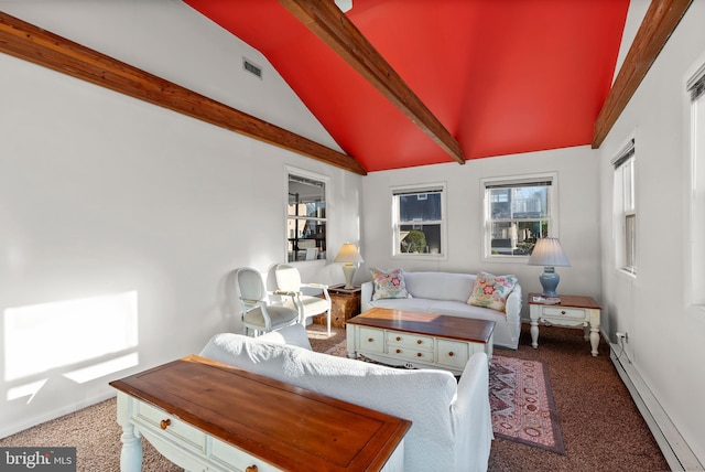 interior space featuring plenty of natural light, vaulted ceiling with beams, a baseboard radiator, and baseboards