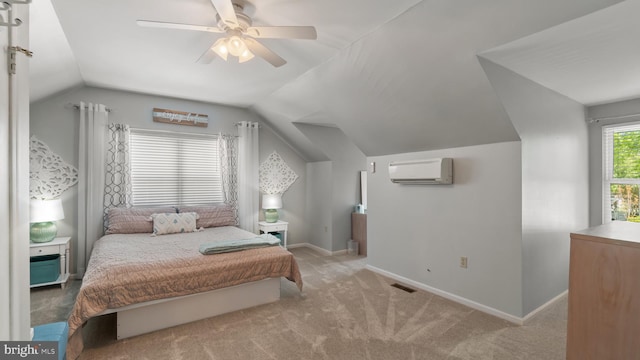 2317 Nantucket Dr, Crofton, MD 21114 - bedroom with baseboards, a wall mounted air conditioner, a ceiling fan, carpet, and vaulted ceiling