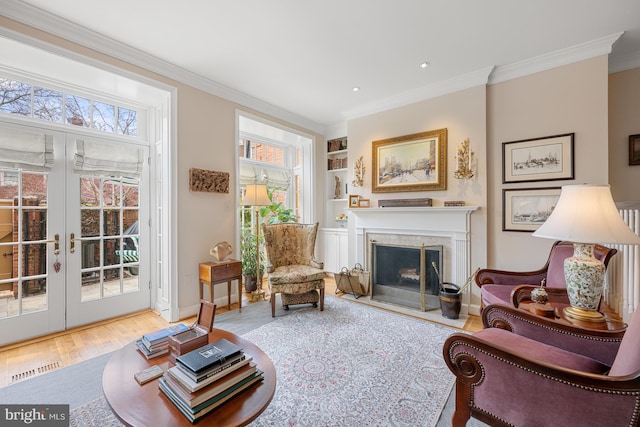 4360 Westover Pl NW, Washington, DC 20016 - sitting room with a high end fireplace, french doors, built in features, crown molding, and baseboards
