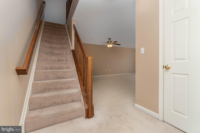 stairway with baseboards, carpet floors, and ceiling fan