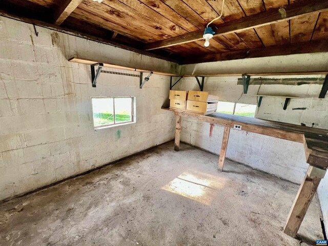 below grade area with a garage and concrete block wall