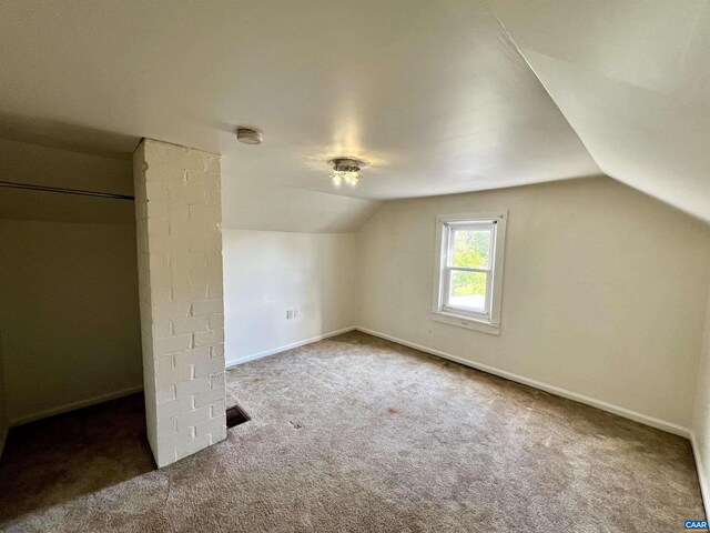 additional living space with baseboards, carpet, and lofted ceiling