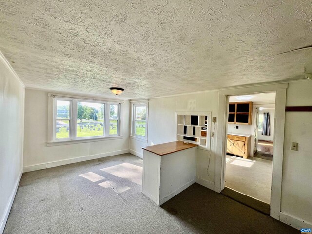 interior space with a textured ceiling, baseboards, and dark colored carpet