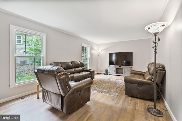 living room featuring healthy amount of natural light, wood finished floors, and baseboards