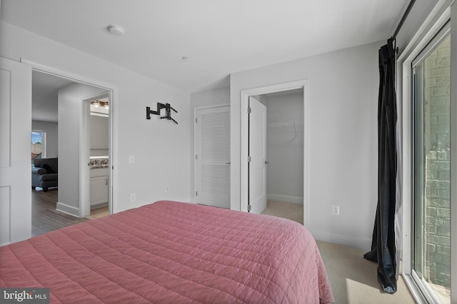 bedroom with a spacious closet and baseboards