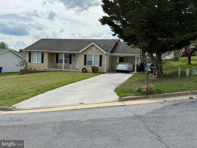 1175 Brook Ct, Front Royal, VA 22630 - ranch-style house with driveway, a front yard, brick siding, and an attached carport
