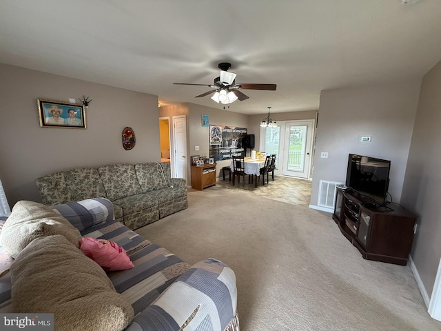 1175 Brook Ct, Front Royal, VA 22630 - living area featuring ceiling fan, light colored carpet, baseboards, and a chandelier