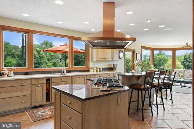18291 Calumet Ln, Bluemont, VA 20135 - kitchen featuring island range hood, light tile patterned floors, a kitchen island, and stainless steel gas cooktop