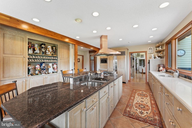 18291 Calumet Ln, Bluemont, VA 20135 - kitchen with open shelves, recessed lighting, island range hood, and a sink