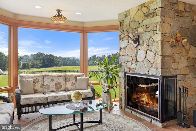 18291 Calumet Ln, Bluemont, VA 20135 - tiled living room featuring a stone fireplace