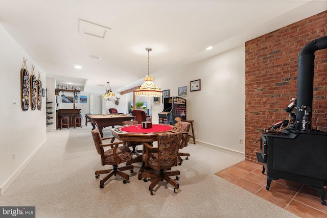 18291 Calumet Ln, Bluemont, VA 20135 - carpeted dining area featuring a wood stove, recessed lighting, billiards, and baseboards