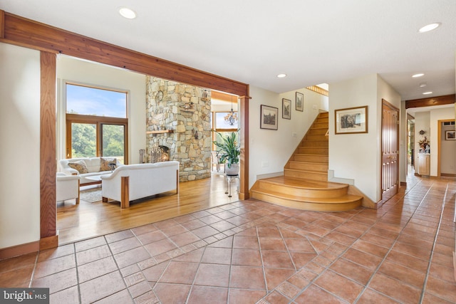 18291 Calumet Ln, Bluemont, VA 20135 - tiled living area with baseboards, stairway, and recessed lighting