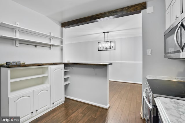 6033 Sweet Dale Ct, Springfield, VA 22152 - kitchen with open shelves, appliances with stainless steel finishes, white cabinets, dark wood finished floors, and beam ceiling