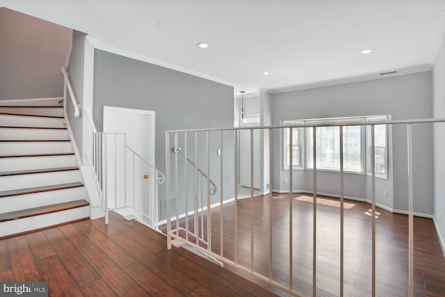 6033 Sweet Dale Ct, Springfield, VA 22152 - stairway with crown molding, wood finished floors, recessed lighting, and baseboards