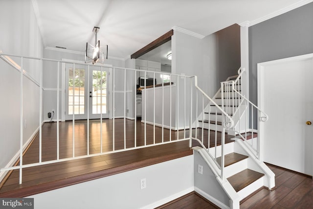 6033 Sweet Dale Ct, Springfield, VA 22152 - stairway featuring wood finished floors, ornamental molding, french doors, and baseboards