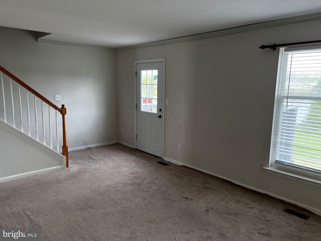 209 Preston Ln, Clayton, DE 19938 - carpeted foyer featuring baseboards, visible vents, ornamental molding, and stairs
