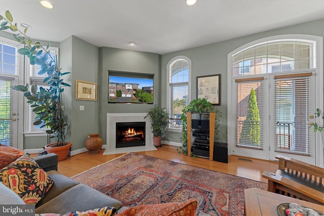 living room with recessed lighting, a fireplace with flush hearth, wood finished floors, and baseboards