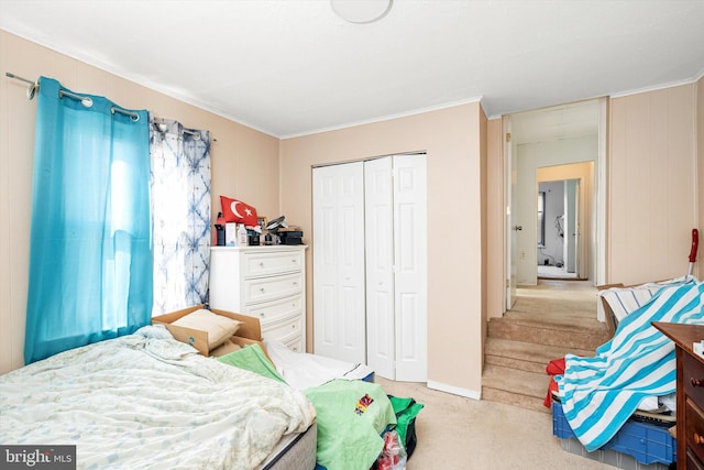 carpeted bedroom featuring crown molding and a closet