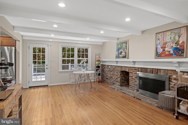 4 Rooftree Rd, Cherry Hill, NJ 08003 - living room with beamed ceiling, light wood-style floors, a fireplace, recessed lighting, and baseboards