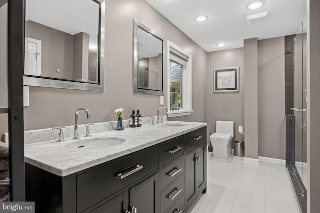 4 Rooftree Rd, Cherry Hill, NJ 08003 - bathroom with toilet, double vanity, tile patterned flooring, baseboards, and an enclosed shower