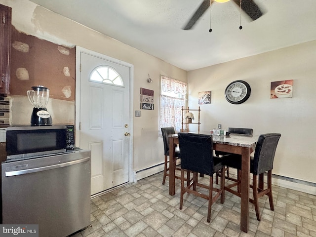436 Norway Ave, Hamilton, NJ 08629 - dining area with ceiling fan, brick patterned floor, baseboard heating, and baseboards