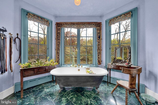 227 Jackson Rd, Cochranville, PA 19330 - bathroom featuring healthy amount of natural light, a soaking tub, and marble finish floors