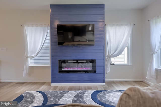 details with a large fireplace, baseboards, and wood finished floors