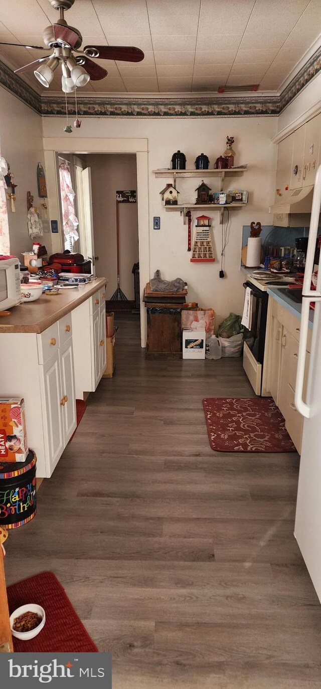 kitchen featuring a ceiling fan, electric stove, white cabinetry, white microwave, and ornamental molding