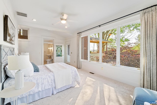 410 Altamont Cir, Charlottesville, VA 22902 - carpeted bedroom featuring visible vents, connected bathroom, recessed lighting, and vaulted ceiling