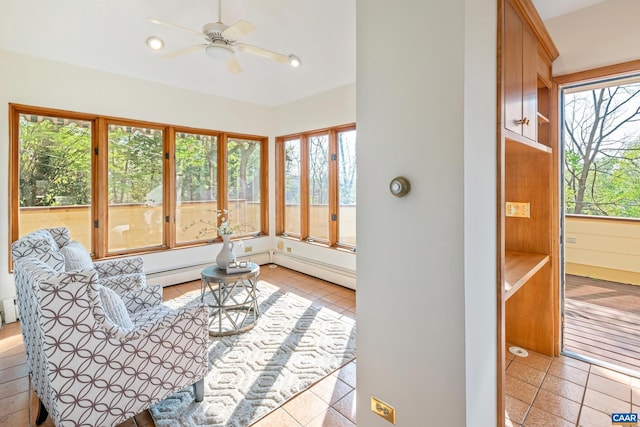 410 Altamont Cir, Charlottesville, VA 22902 - living room with baseboard heating, recessed lighting, ceiling fan, and light tile patterned flooring