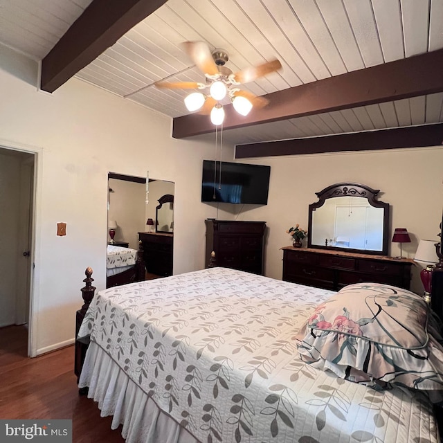 bedroom featuring wooden ceiling, beam ceiling, a ceiling fan, baseboards, and wood finished floors