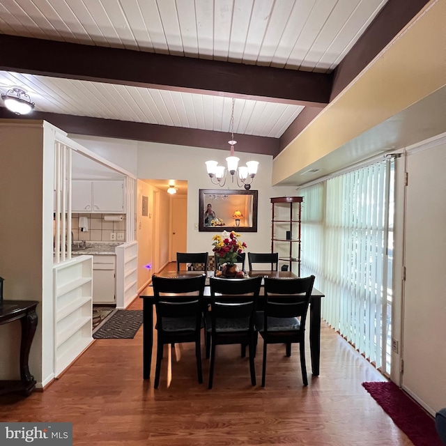 dining room with a notable chandelier, wooden ceiling, beam ceiling, and wood finished floors