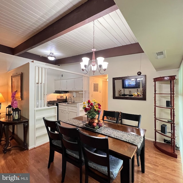 dining area with visible vents, baseboards, an inviting chandelier, beam ceiling, and light wood finished floors