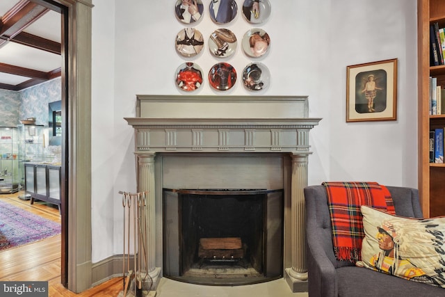 details featuring wood finished floors and a fireplace