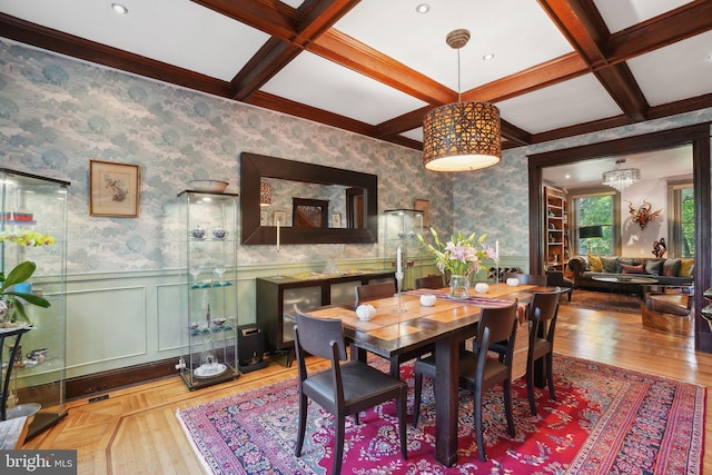 dining space with beamed ceiling, wallpapered walls, a wainscoted wall, parquet floors, and coffered ceiling