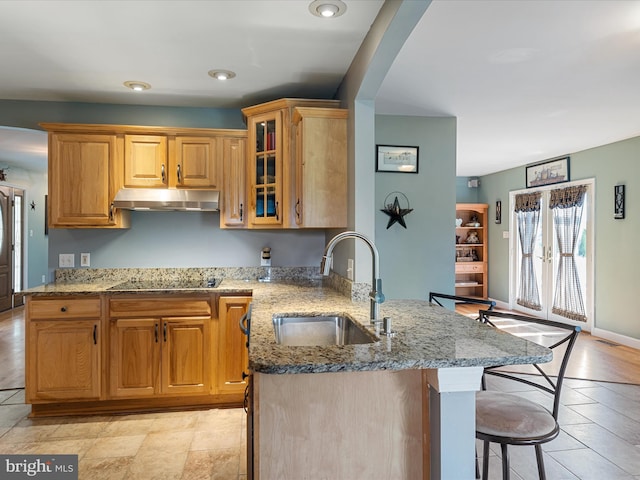 2004 State Road 259 N, Wardensville, WV 26851 - kitchen with a peninsula, a kitchen breakfast bar, under cabinet range hood, light stone counters, and a sink