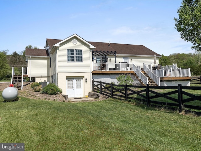 2004 State Road 259 N, Wardensville, WV 26851 - rear view of house with stairs, a fenced backyard, and a wooden deck