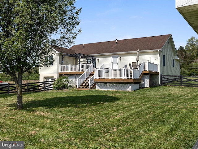 2004 State Road 259 N, Wardensville, WV 26851 - rear view of property with a wooden deck, a fenced backyard, a yard, a pergola, and stairs