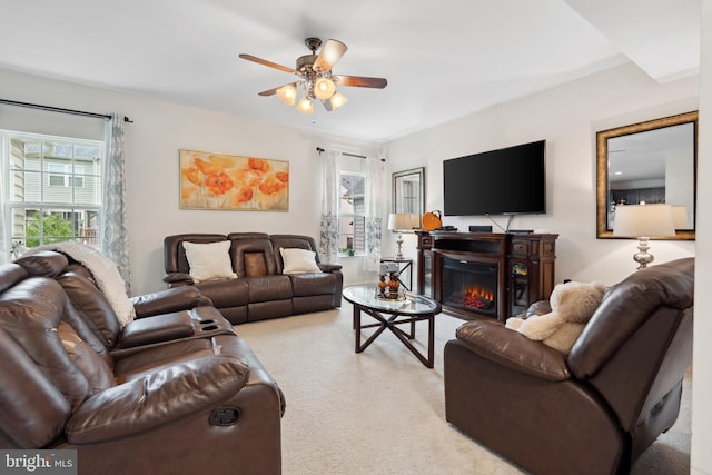 155 Tollerton Trl, Falling Waters, WV 25419 - living area with ceiling fan, carpet flooring, and a glass covered fireplace