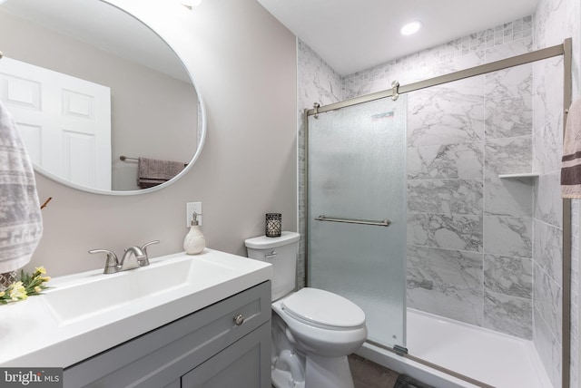 5 Greenmeadow Ln, Whiting, NJ 08759 - bathroom with recessed lighting, vanity, toilet, and a stall shower