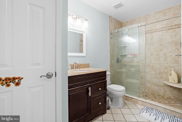 full bath with a shower stall, visible vents, toilet, vanity, and tile patterned flooring