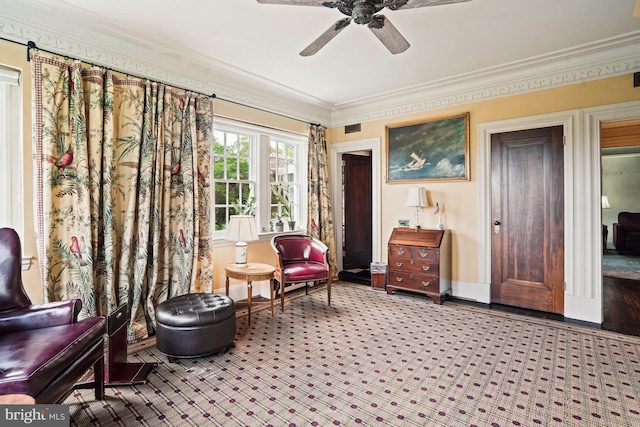 3901 Connecticut Ave NW Unit 402, Washington, DC 20008 - living area with crown molding, carpet, baseboards, and ceiling fan