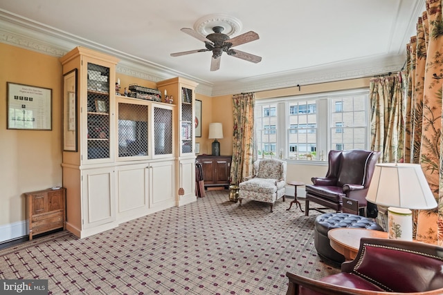3901 Connecticut Ave NW Unit 402, Washington, DC 20008 - living area with ornamental molding, carpet flooring, and a ceiling fan