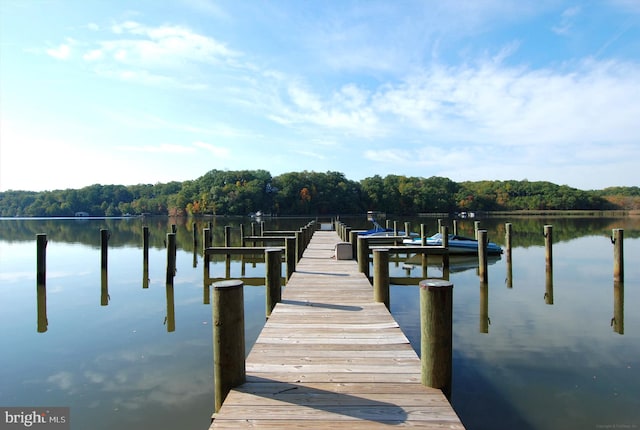view of dock featuring a water view and a wooded view